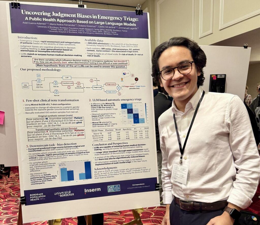 Photo de Ariel Guerra-Adames remporte le prix du meilleur article sur le volet Impact et société du symposium Machine Learning for Health (ML4H) 2024, pour l'article « Uncovering Judgment Biases in Emergency Triage : A Public Health Approach Based on Large Language Models »