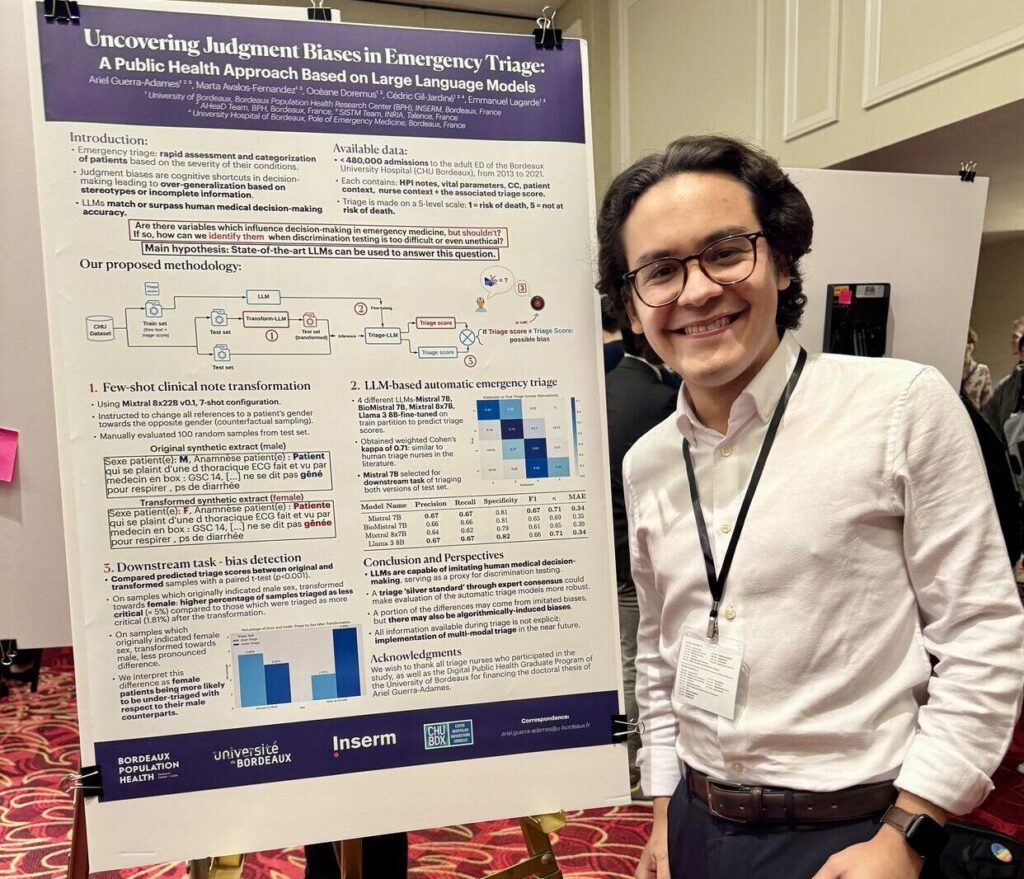 Photo de Ariel Guerra-Adames remporte le prix du meilleur article sur le volet Impact et société du symposium Machine Learning for Health (ML4H) 2024, pour l'article « Uncovering Judgment Biases in Emergency Triage : A Public Health Approach Based on Large Language Models »